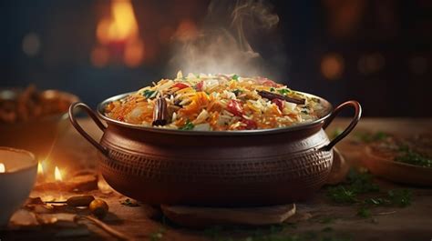 Premium AI Image | A pot of biryani with a fire in the background