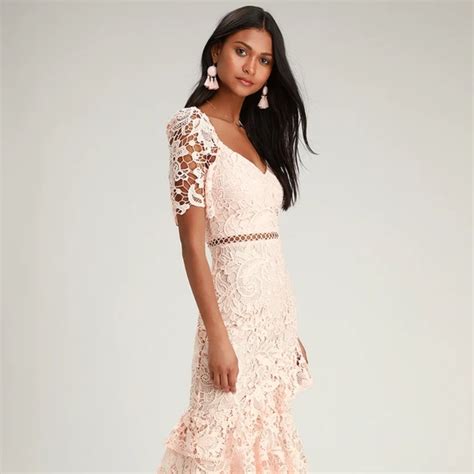 Lulus Dresses Lulus Briarwood Blush Pink Lace Ruffled Midi Dress