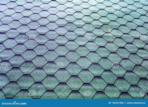 Fragment Of Green Shingle Tile Texture Roof For Background Stock Photo