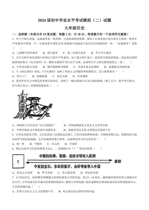 陕西省西安市西安高新学校2024年二模历史试题 无答案 21世纪教育网