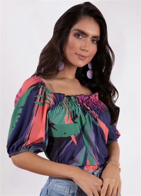 Blusa Folhagem Color Com Mangas Bufantes Quintess