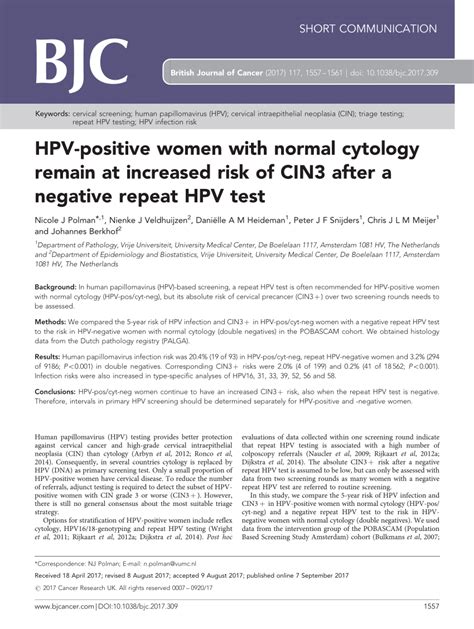 PDF HPV Positive Women With Normal Cytology Remain At Increased Risk