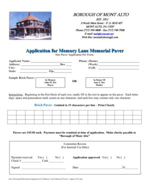 Fillable Online Application For Memory Lane Memorial Paver Borough Of