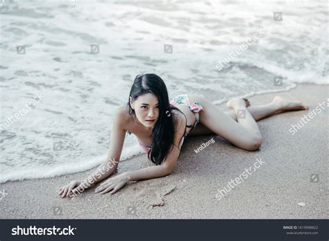 Sexy Asian Woman Wearing Floral Bikini Stock Photo 1619998822