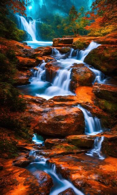 Una Cascada En El Bosque Con Un Fondo Rojo Foto Premium