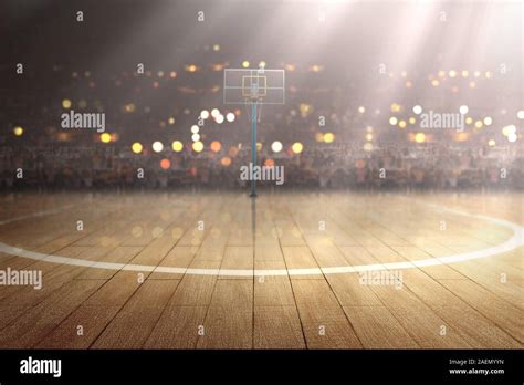 Basketball Court With Wooden Floor And Tribune Over Blurred Lights