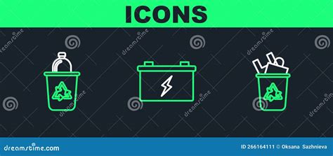 Set Line Recycle Bin With Recycle Symbol And Car Battery Icon Vector