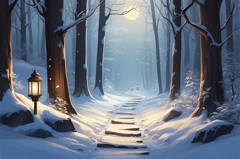 Premium Ai Image Serene Winter Forest Lanternlit Path To The New Year