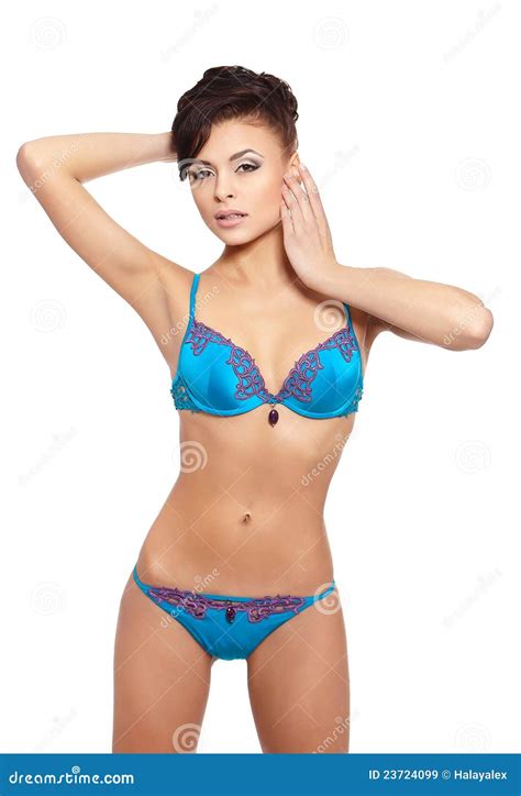 Smiling Female Fashion Model In Blue Lingerie Stock Image Image Of