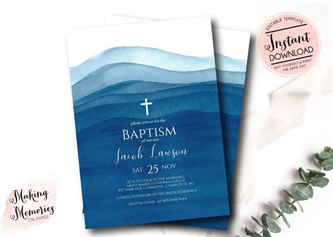 Boy Baptism Invitation Waves Water Watercolor | Etsy