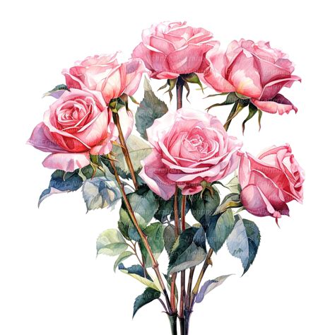 10 Pink Roses Long Stems Clipart, Roses Bouquet, Printable Watercolor