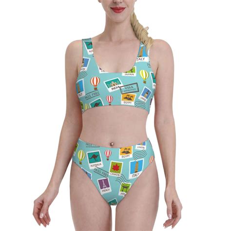 Fotbe Women S World Travel1 Print Bikini High Waisted Swimsuit Two