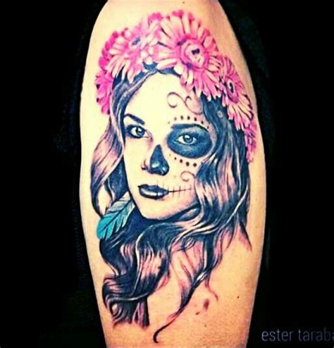 Beautiful dia de los muertos flower crown feather detail tattoo design love | Tattoos, Detailed ...