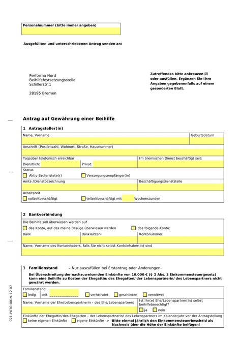 Antrag für Beihilfe Performa Nord