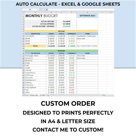 Simple Monthly Budget Editable Income Expenses Savings Spreadsheet