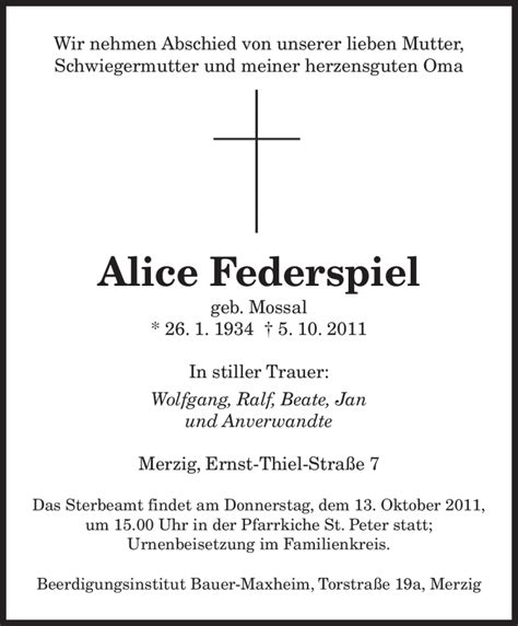 Traueranzeigen Von Alice Federspiel Saarbruecker Zeitung Trauer De