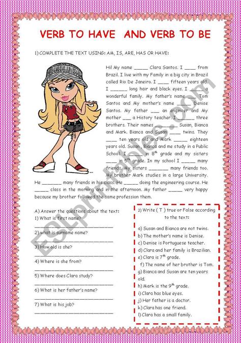 VERB TO BE AND VERB TO HAVE ESL Worksheet By Laninha