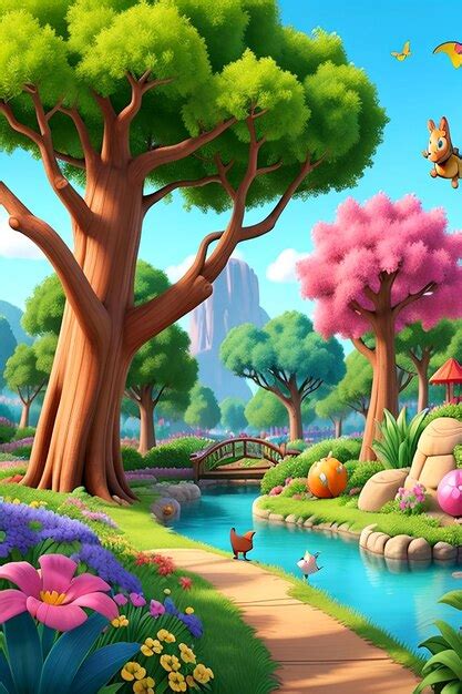 Premium AI Image | A lush vibrant nature park with a cartoonlike atmosphere Aigenerated