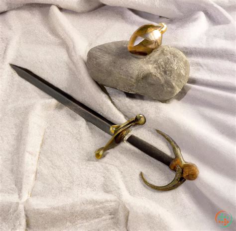 Photorealistic A Dagger With A Gut Hook Tip Gold Hilt And Thick Bronze Braided Handle Next To