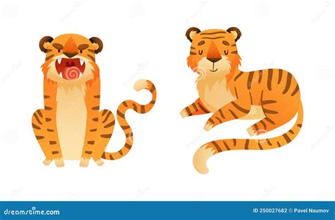 Cute Tigers Set Wild Jungle Predator Animal Roaring And Lying Cartoon