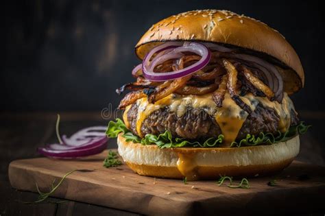 Hamburguesa Gourmet Con Cebolla Caramelizada En Ai Generativo De Bollo