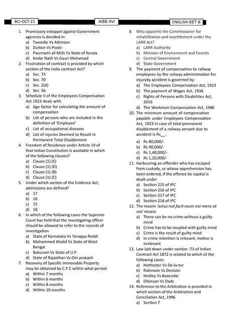 Set B Aibe 2021 Question Paper And Answer Key Bachelors Of Law Studocu