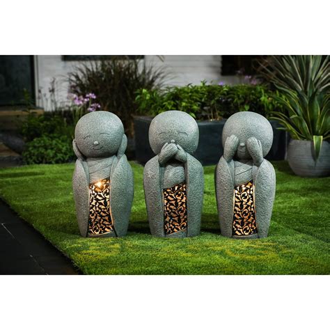 See Hear Speak No Evil Buddha Monk Solar Garden Statues Set Of 3