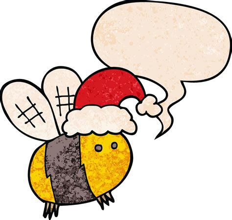 Cute Cartoon Bee Wearing Christmas Hat And Speech Bubble In Retro