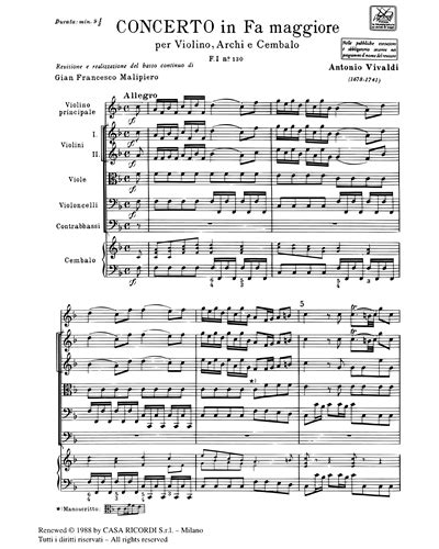 Concerto In Fa Maggiore Rv F I N Tomo Full Score Sheet