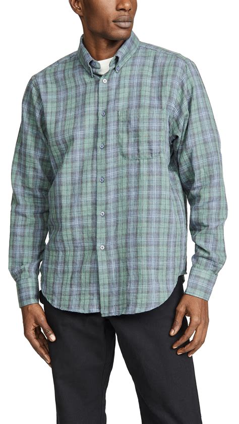 Naked Famous Easy Shirt Plaid Double Cloth In Green Navy Modesens