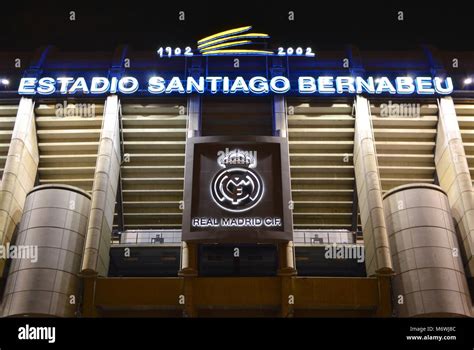 Night view of the facade of the Santiago Bernabeu stadium of Real ...