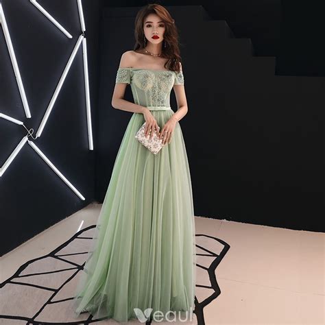 Elegant Sage Green Prom Dresses 2019 A Line Princess Off The Shoulder