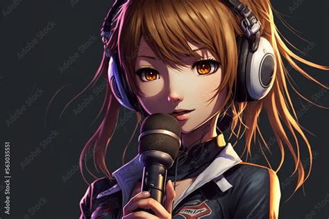 Virtual person, virtual singer. Anime style girl in headphones and with ...