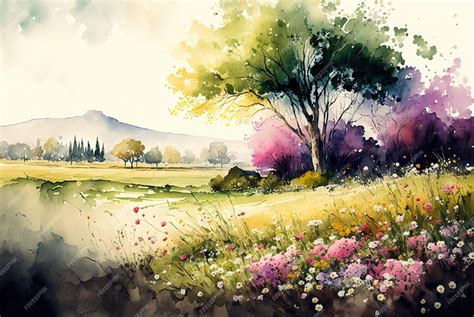 Premium Photo Watercolor Spring Landscape Painting Trees Bloom Meadow