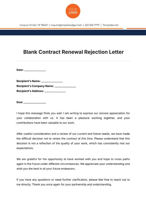 Free Blank Contract Renewal Rejection Letter Template to Edit Online