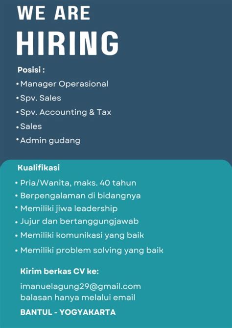 Lowongan Kerja Manager Operasional Spv Sales Spv Accounting Tax