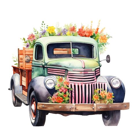 10 Rustic Trucks With Flowers Clipart Digital Paper Crafting