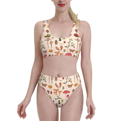 Lukts Women High Waisted Bikini Set Retro Autum Mushrooms Swimsuit 2