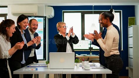 Motivated Happy Diverse Business Team People Clapping Celebrating