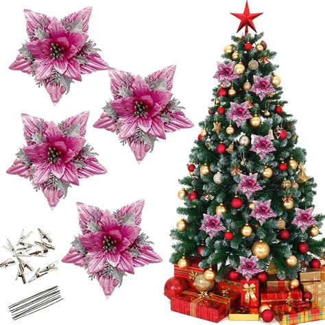 Christmas Poinsettia Flowers With Clips And Stems Glitter Christmas