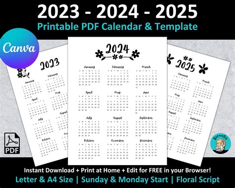 2023 2024 2025 Year To View Calendar Printable PDF CANVA Template