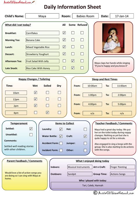 Child Daily Information Sheet Aussie Childcare Network