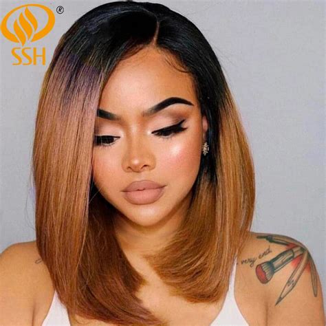 Short Ombre Honey Blonde Bob Wig With Baby Hair Honey Brown Straight