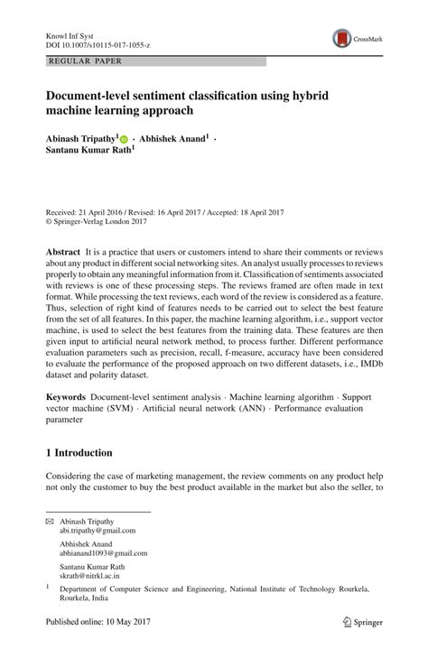 Pdf Document Level Sentiment Classification Using Hybrid Machine Learning Approach