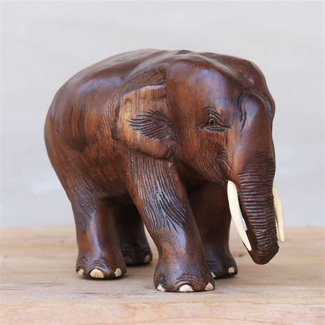 Handmade Teak Wood Elephant Sculpture from Thailand - Nature Trip | NOVICA