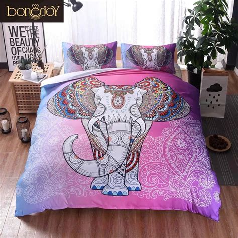 Bonenjoy Elephant Bedding Pink Mandala Elephant Bedding Sets Queen Bohemian Print Indian