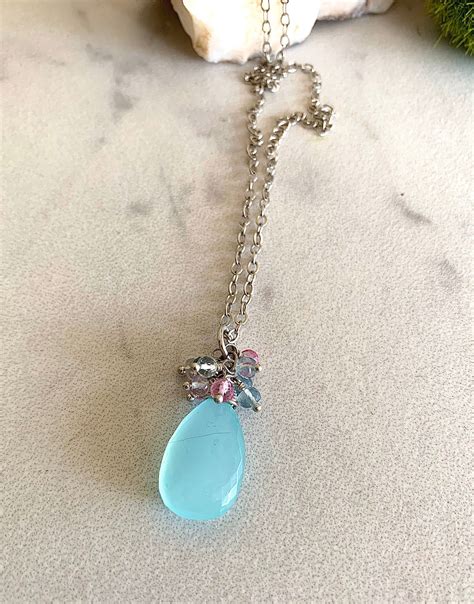 Aqua Blue Chalcedony Pendant Necklace In Sterling Silver With Pink