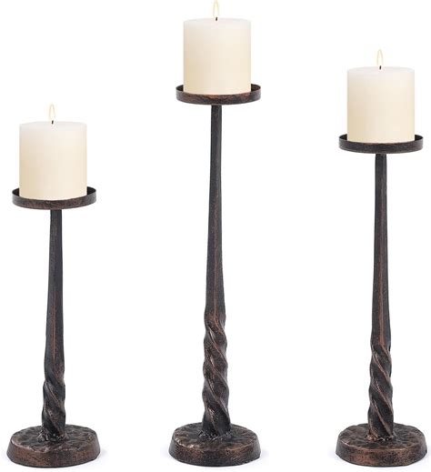 Amazon Metal Pillar Candle Holders Set Of 3 Antique Tall