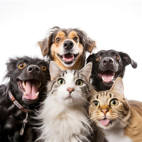 Premium AI Image | Paws and Selfies Playful Dogs and Cats Strike a Pose on a White Canvas