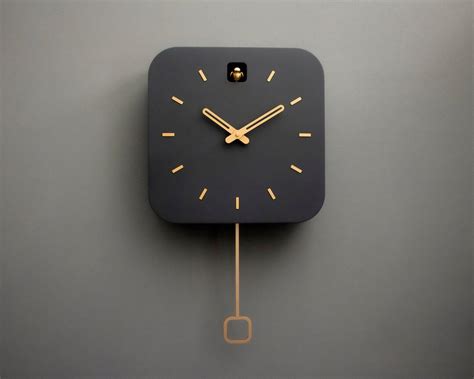 Cuckoo Clock Anthracite With Brass Painted Accessories Handmade Modern